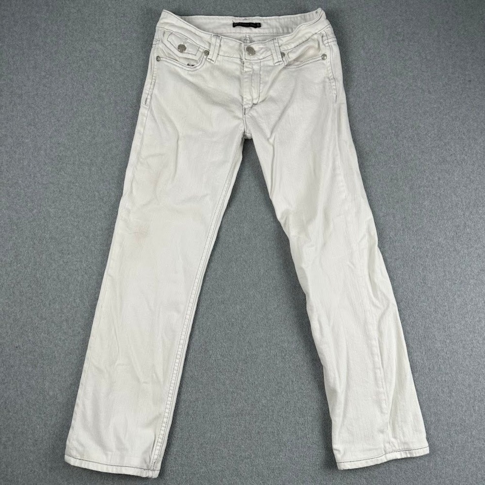 Vertigo Paris Womens Straight Leg Jeans Off White Silver Metallic Stitch Size 29